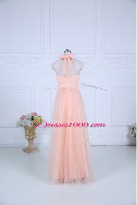 Designer Floor Length Peach Bridesmaid Gown Halter Top Sleeveless Zipper