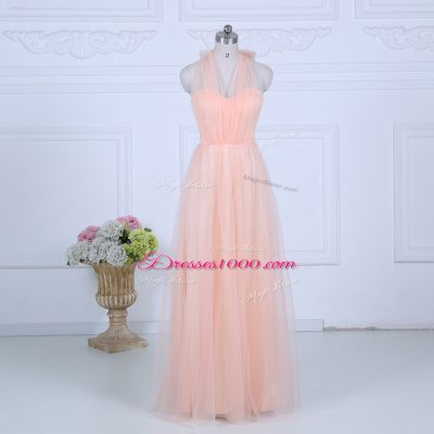 Designer Floor Length Peach Bridesmaid Gown Halter Top Sleeveless Zipper