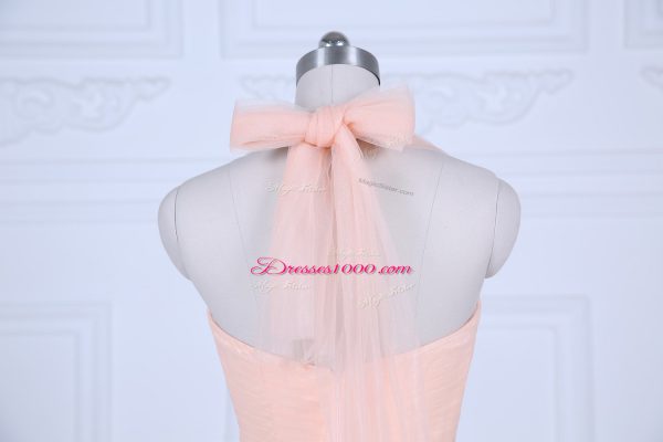 Designer Floor Length Peach Bridesmaid Gown Halter Top Sleeveless Zipper