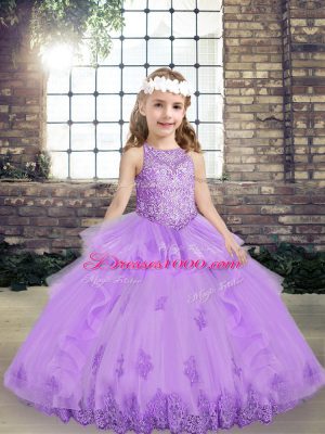 Sleeveless Lace Up Floor Length Lace and Appliques Little Girls Pageant Dress