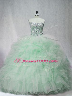 Trendy Apple Green Lace Up Quinceanera Gown Beading and Ruffles Sleeveless Brush Train