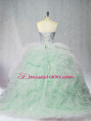 Trendy Apple Green Lace Up Quinceanera Gown Beading and Ruffles Sleeveless Brush Train