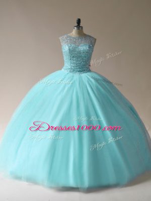 Noble Beading Ball Gown Prom Dress Aqua Blue Lace Up Sleeveless Floor Length