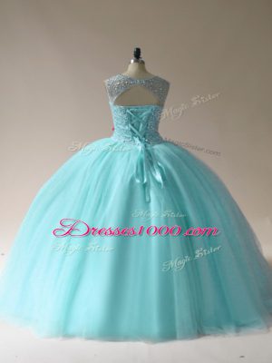 Noble Beading Ball Gown Prom Dress Aqua Blue Lace Up Sleeveless Floor Length