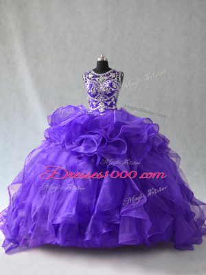 Modern Floor Length Purple Sweet 16 Dresses Organza Sleeveless Beading and Ruffles