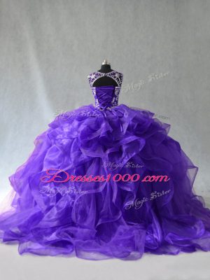 Modern Floor Length Purple Sweet 16 Dresses Organza Sleeveless Beading and Ruffles