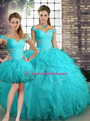 Dazzling Off The Shoulder Sleeveless Quinceanera Gown Floor Length Beading and Ruffles Aqua Blue Tulle