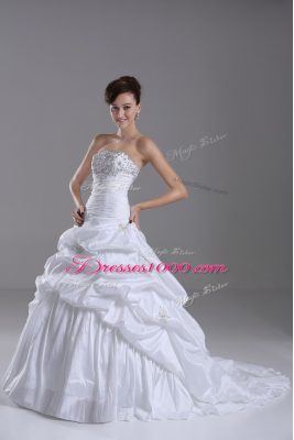 White Ball Gowns Strapless Sleeveless Taffeta Brush Train Lace Up Beading and Pick Ups Wedding Gowns