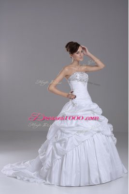 White Ball Gowns Strapless Sleeveless Taffeta Brush Train Lace Up Beading and Pick Ups Wedding Gowns