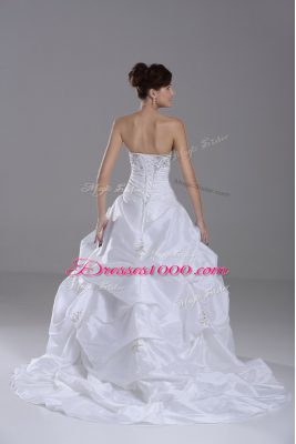 White Ball Gowns Strapless Sleeveless Taffeta Brush Train Lace Up Beading and Pick Ups Wedding Gowns