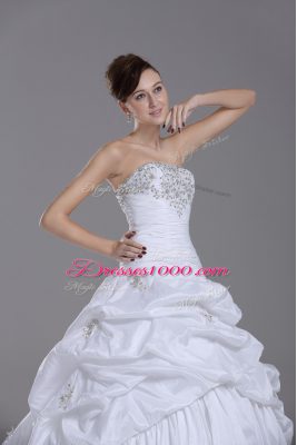 White Ball Gowns Strapless Sleeveless Taffeta Brush Train Lace Up Beading and Pick Ups Wedding Gowns