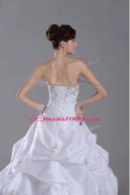 White Ball Gowns Strapless Sleeveless Taffeta Brush Train Lace Up Beading and Pick Ups Wedding Gowns