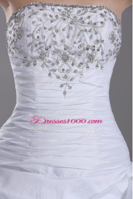 White Ball Gowns Strapless Sleeveless Taffeta Brush Train Lace Up Beading and Pick Ups Wedding Gowns