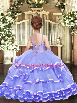 Great Lilac Lace Up Straps Beading and Ruffled Layers Little Girls Pageant Dress Wholesale Organza Sleeveless