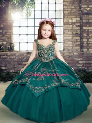 Sleeveless Floor Length Beading and Embroidery Lace Up Little Girl Pageant Dress with Teal