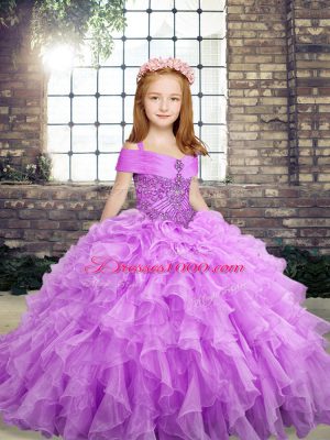 Cheap Lavender Straps Lace Up Beading and Ruffles Child Pageant Dress Sleeveless