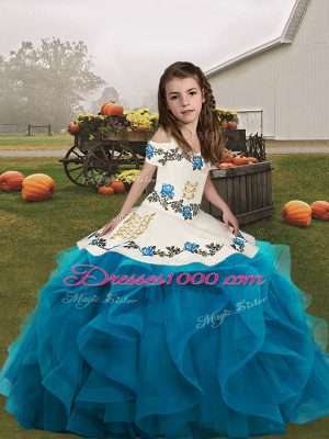 Low Price Ball Gowns Pageant Gowns Blue Straps Organza Sleeveless Floor Length Lace Up