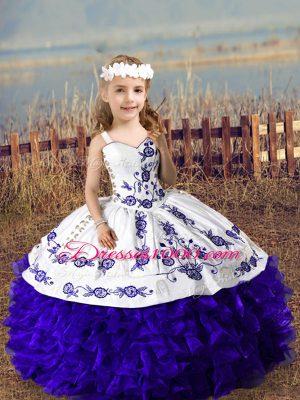 Purple Ball Gowns Organza Straps Sleeveless Embroidery and Ruffles Floor Length Lace Up Pageant Gowns For Girls