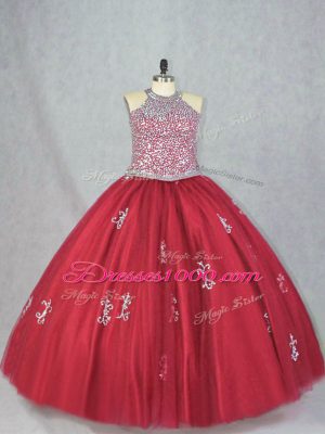 Fitting Halter Top Sleeveless Lace Up Sweet 16 Dresses Red Tulle