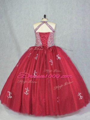 Fitting Halter Top Sleeveless Lace Up Sweet 16 Dresses Red Tulle