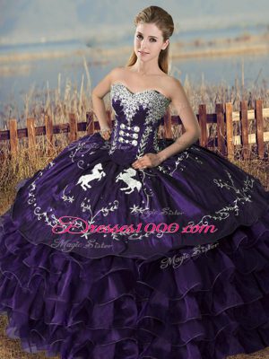 Modern Purple Sweetheart Lace Up Embroidery and Ruffles Quince Ball Gowns Sleeveless
