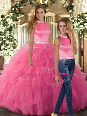 Modest Hot Pink Sleeveless Beading and Ruffles Floor Length Sweet 16 Quinceanera Dress