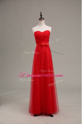Attractive Sleeveless Tulle Floor Length Zipper Homecoming Dress in Red with Ruching and Belt