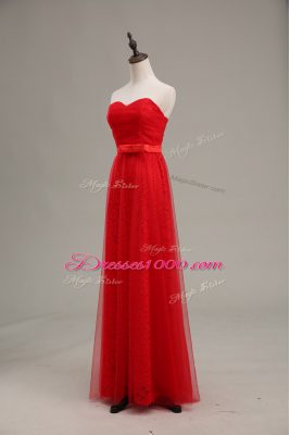 Attractive Sleeveless Tulle Floor Length Zipper Homecoming Dress in Red with Ruching and Belt