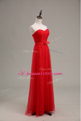 Attractive Sleeveless Tulle Floor Length Zipper Homecoming Dress in Red with Ruching and Belt