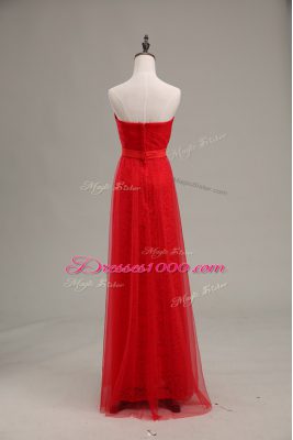 Attractive Sleeveless Tulle Floor Length Zipper Homecoming Dress in Red with Ruching and Belt