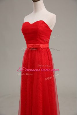 Attractive Sleeveless Tulle Floor Length Zipper Homecoming Dress in Red with Ruching and Belt