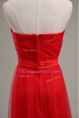 Attractive Sleeveless Tulle Floor Length Zipper Homecoming Dress in Red with Ruching and Belt