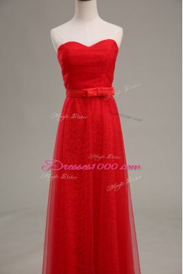 Attractive Sleeveless Tulle Floor Length Zipper Homecoming Dress in Red with Ruching and Belt