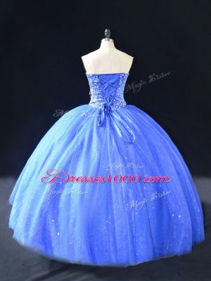 Unique Floor Length Blue 15 Quinceanera Dress Tulle Sleeveless Beading