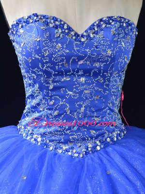 Unique Floor Length Blue 15 Quinceanera Dress Tulle Sleeveless Beading