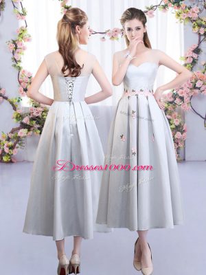 Eye-catching Silver Lace Up Straps Appliques Wedding Party Dress Satin Sleeveless