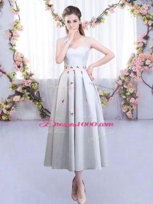 Eye-catching Silver Lace Up Straps Appliques Wedding Party Dress Satin Sleeveless