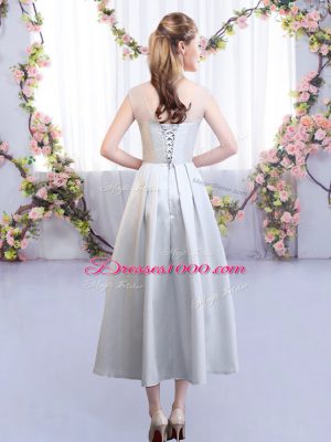 Eye-catching Silver Lace Up Straps Appliques Wedding Party Dress Satin Sleeveless