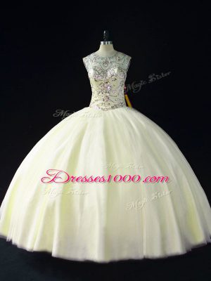 Most Popular Sleeveless Tulle Floor Length Lace Up Sweet 16 Quinceanera Dress in Light Yellow with Beading