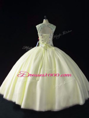 Most Popular Sleeveless Tulle Floor Length Lace Up Sweet 16 Quinceanera Dress in Light Yellow with Beading