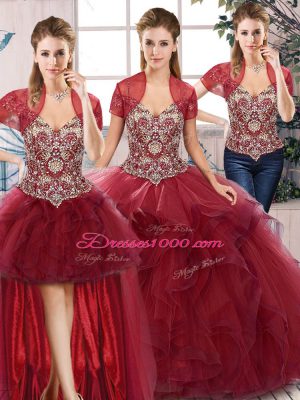 Burgundy Lace Up 15 Quinceanera Dress Beading and Ruffles Sleeveless Floor Length