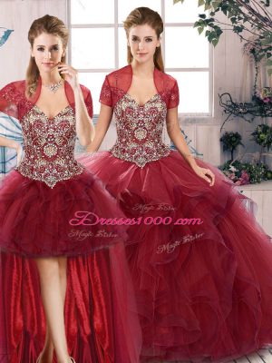 Burgundy Lace Up 15 Quinceanera Dress Beading and Ruffles Sleeveless Floor Length