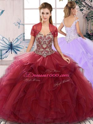 Burgundy Lace Up 15 Quinceanera Dress Beading and Ruffles Sleeveless Floor Length