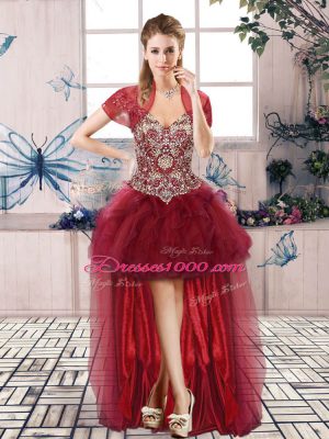 Burgundy Lace Up 15 Quinceanera Dress Beading and Ruffles Sleeveless Floor Length
