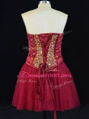 Pretty A-line Homecoming Gowns Wine Red Sweetheart Tulle Sleeveless Mini Length Lace Up