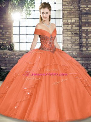 Flare Orange Red Tulle Lace Up Sweet 16 Dresses Sleeveless Floor Length Beading and Ruffles