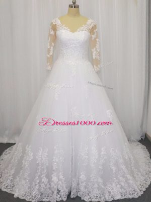 Charming Zipper Wedding Dress White for Wedding Party with Beading and Lace Brush Train