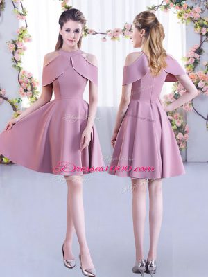 Scoop Half Sleeves Bridesmaid Dresses Mini Length Ruching Pink Chiffon