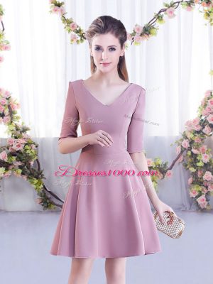 Scoop Half Sleeves Bridesmaid Dresses Mini Length Ruching Pink Chiffon