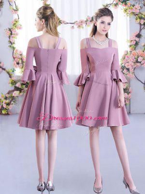 Scoop Half Sleeves Bridesmaid Dresses Mini Length Ruching Pink Chiffon